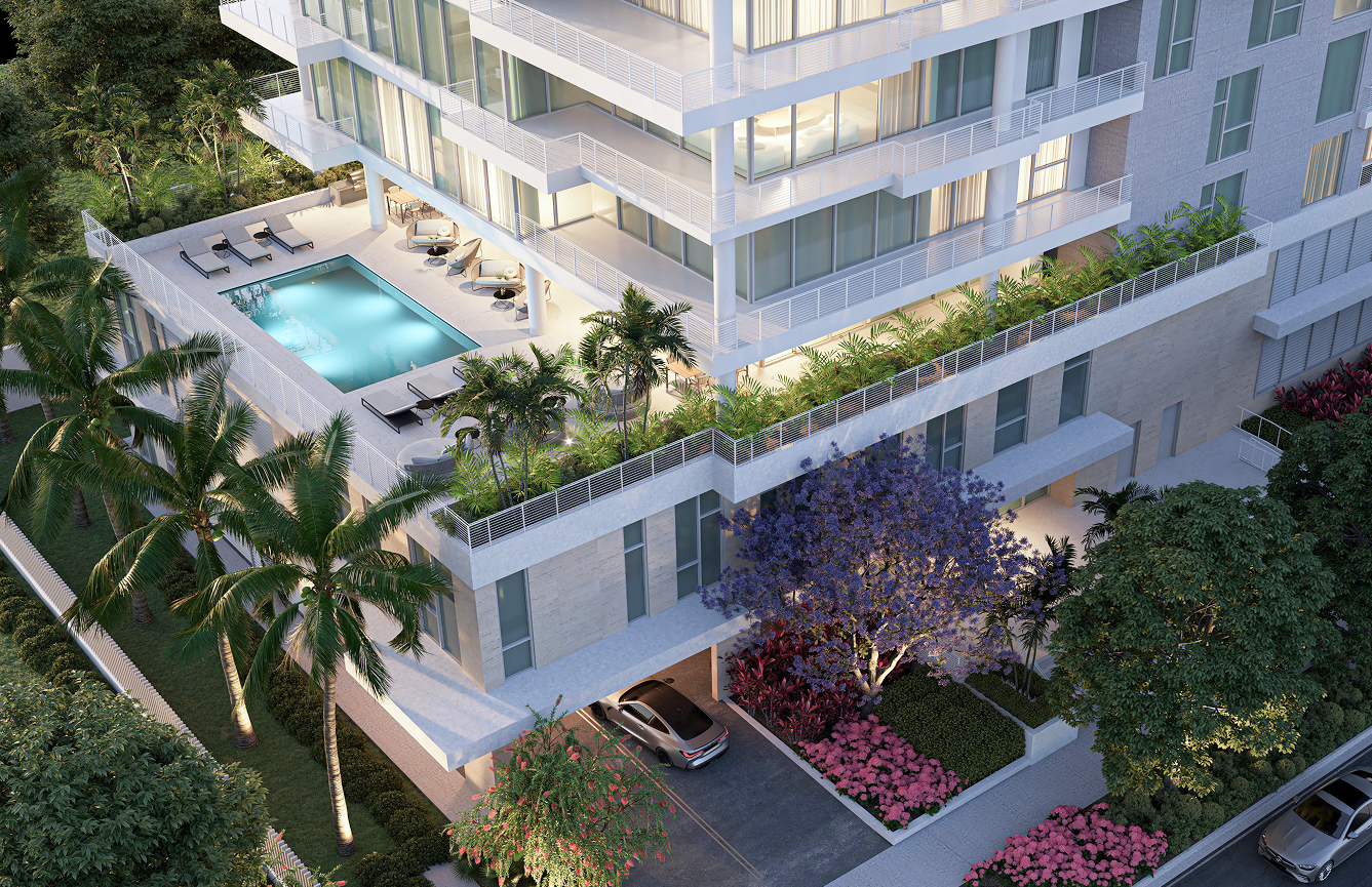Modern apartment building with a sleek design and a swimming pool in the foreground, surrounded by landscaped greenery.