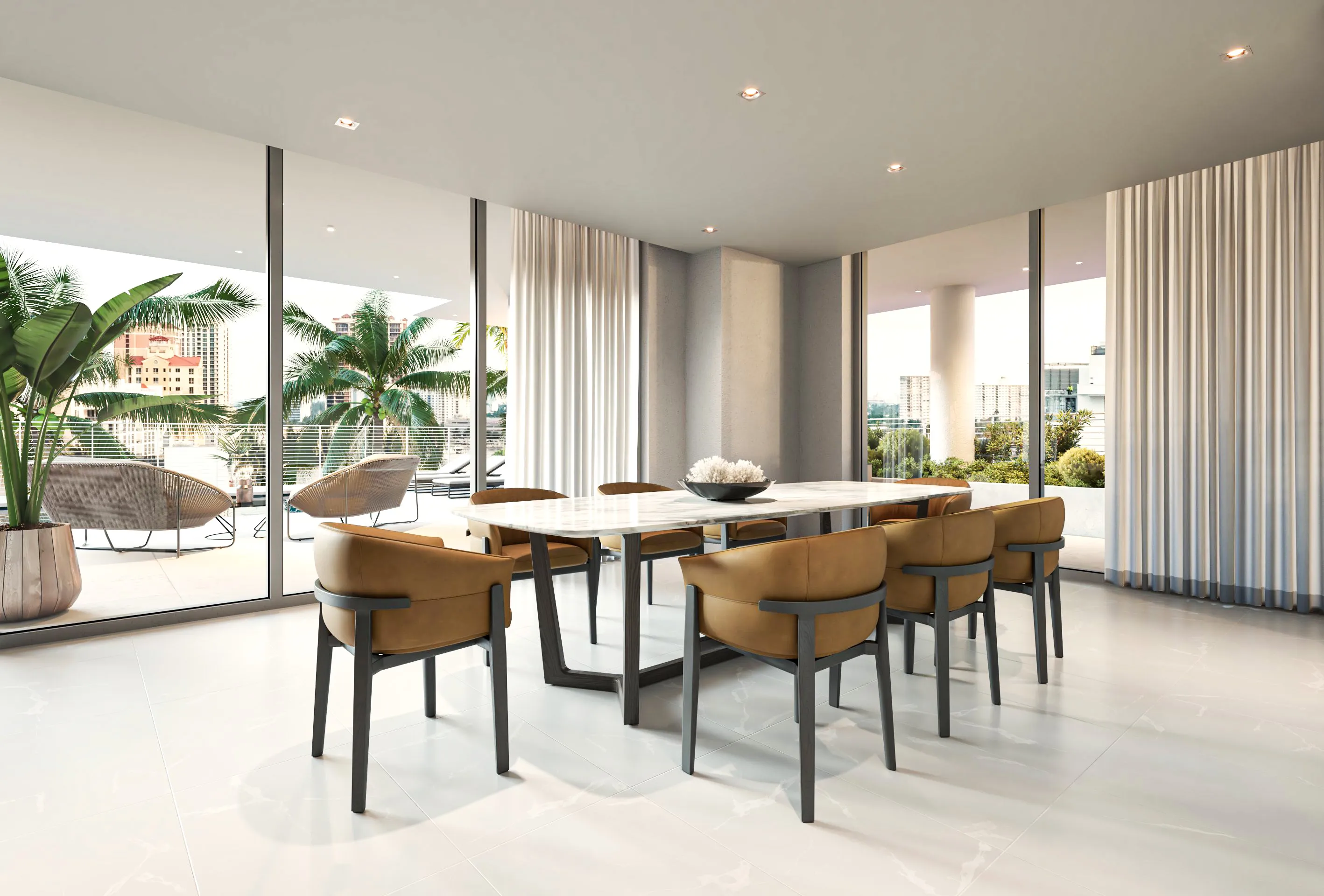 A dining room featuring a wooden table surrounded by four chairs, with soft lighting creating a warm atmosphere.